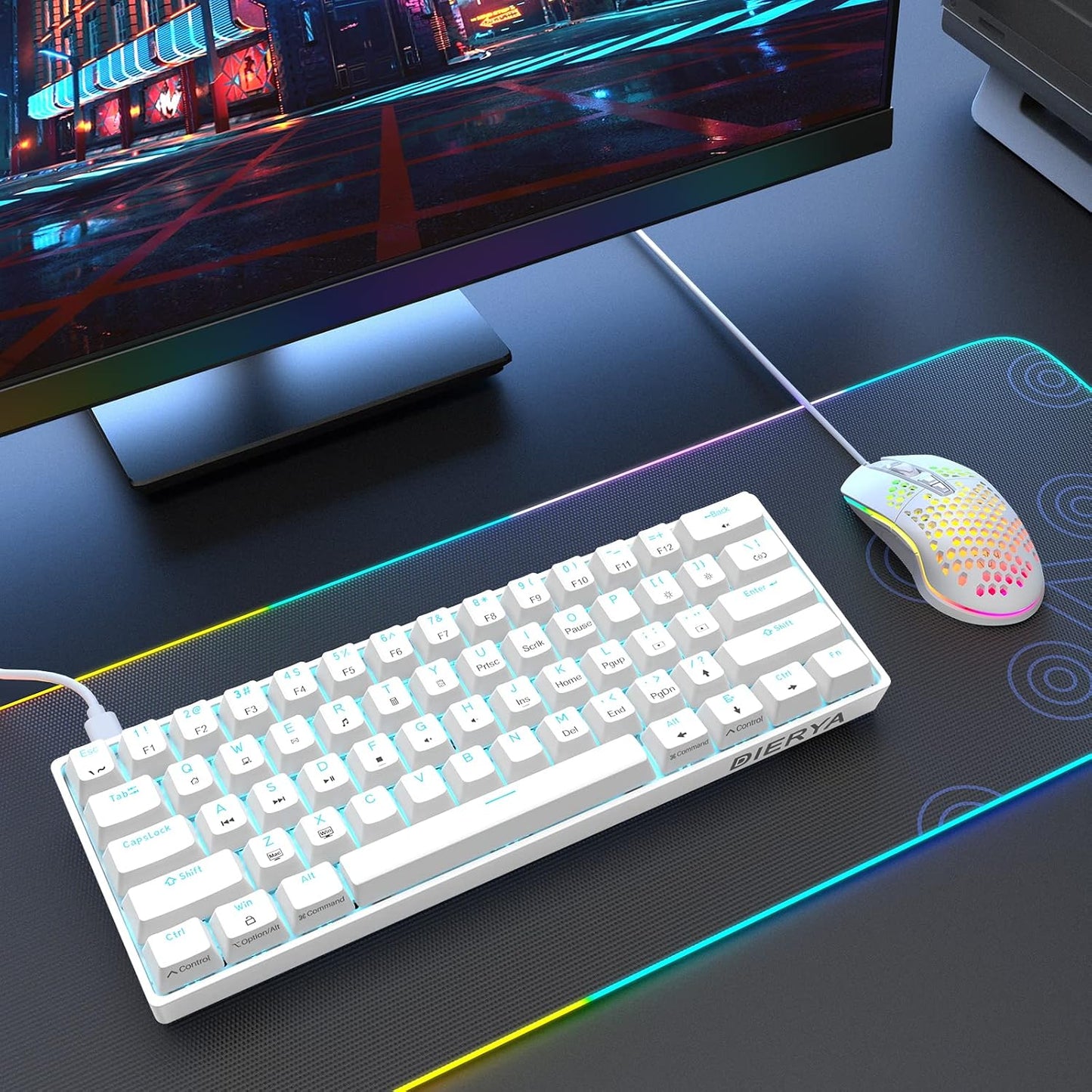 DIERYA 60% Mechanical Keyboard, DK61se Wired Gaming Keyboard with Red Switches, LED Backlit Ultra-Compact 61 Keys Mini Office Keyboard for Windows Laptop PC Gamer Typist（White）