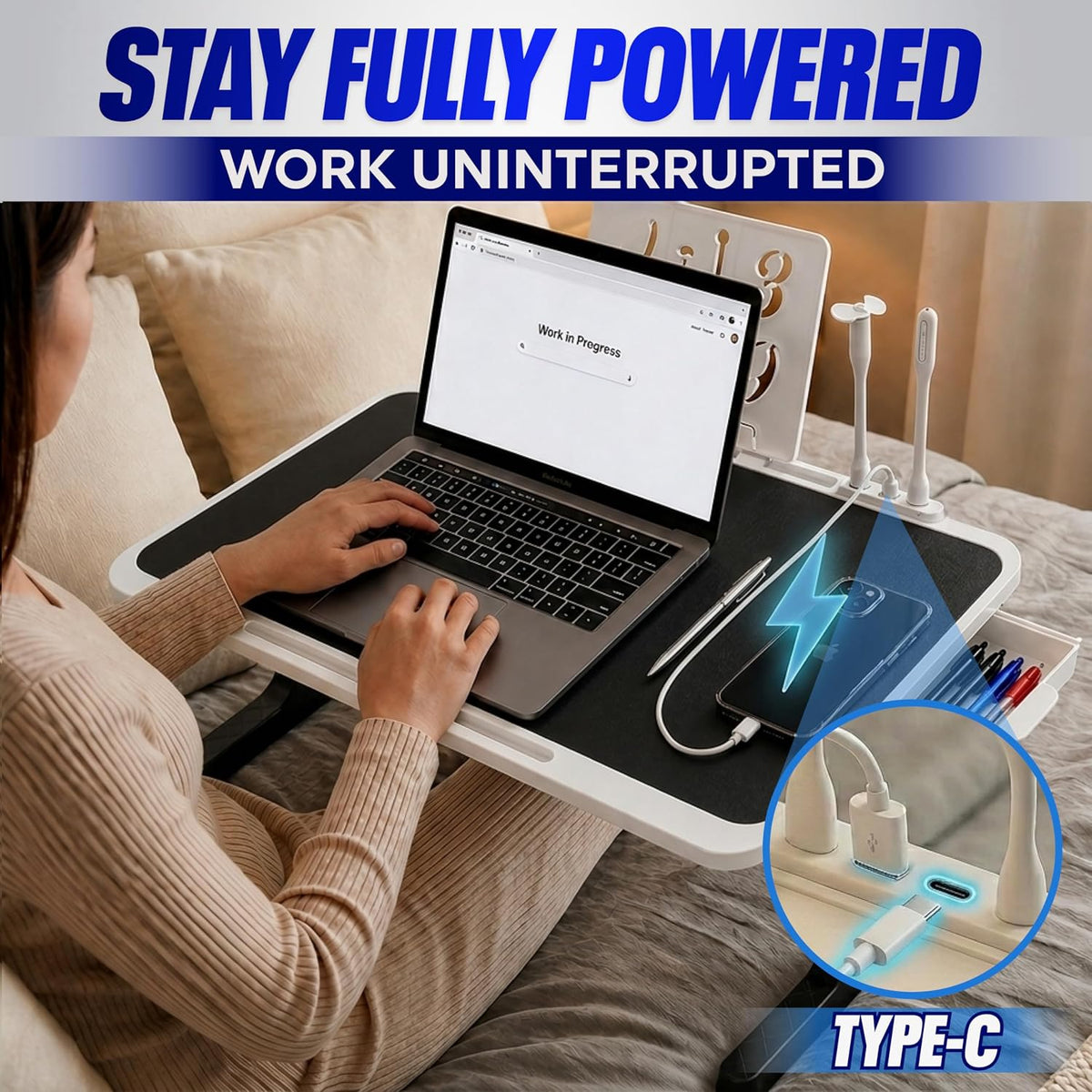 USB-C LED Light Foldable Lap Desk with LED Lamp, Cooling Fan & Book Stand — Portable Bed Laptop Table with Side Drawer, Phone & Tablet Holder, Fast Charging Port