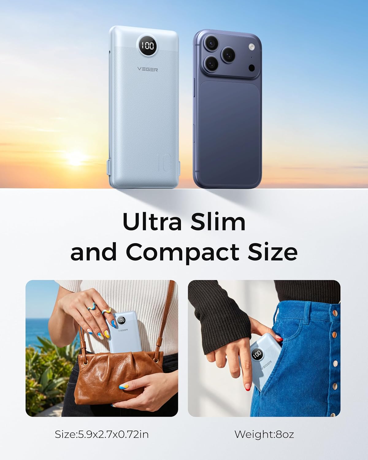 VEGER Portable Charger for iPhone, Power Bank Built in Cable and Wall Plug | 10000mAh Slim USB C Battery Pack, Travel Essentials for Camping Cruise Business Trip, Compatible with Smart Devices, Blue