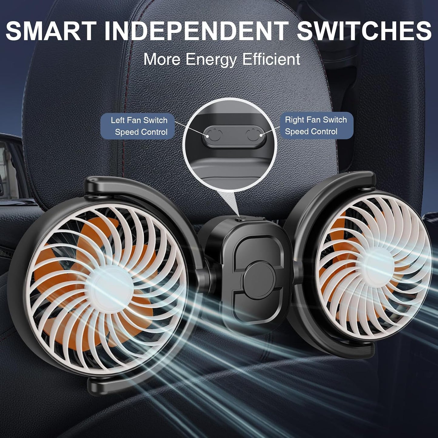 Dealswin Rechargeable Car Fan for Back Seat, Battery and USB Dual Power Car Fans for Baby Kids, Powerful 3 Speeds 360° Rotatable Dual Head Cooling Car Seat Fan