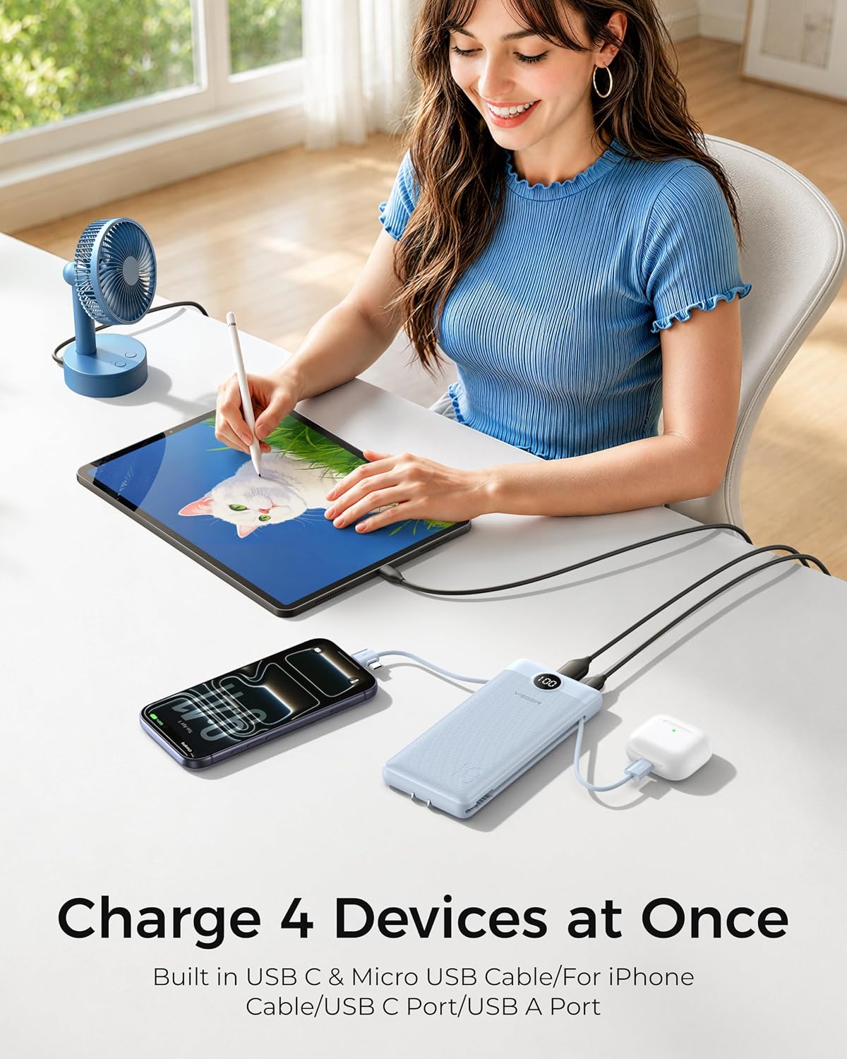 VEGER Portable Charger for iPhone, Power Bank Built in Cable and Wall Plug | 10000mAh Slim USB C Battery Pack, Travel Essentials for Camping Cruise Business Trip, Compatible with Smart Devices, Blue