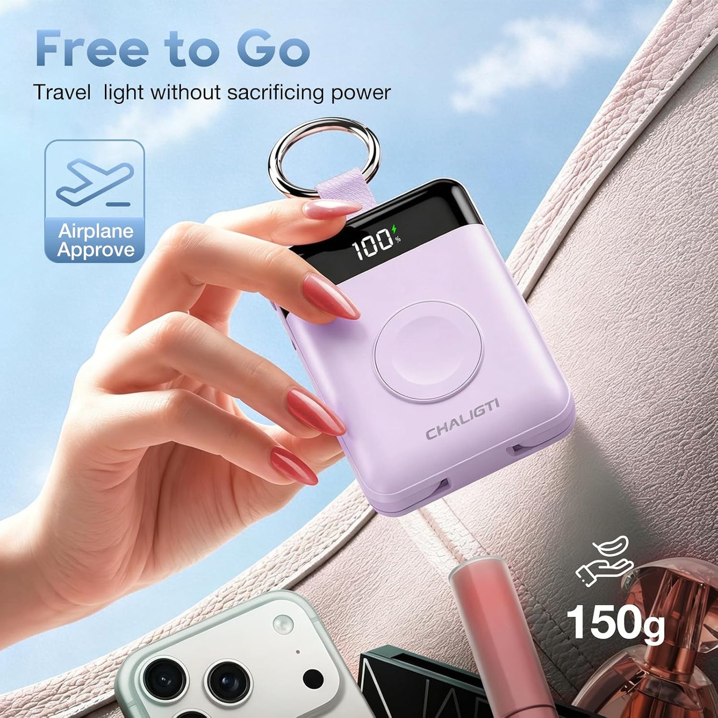 5000mAh Portable Charger with LED Display,20W Super Fast Charging | Power Bank with Built-in Cables,Travel Keychain Battery Pack for Apple Watch Series,iPhone Air/17/16/15/14/13/12,Purple