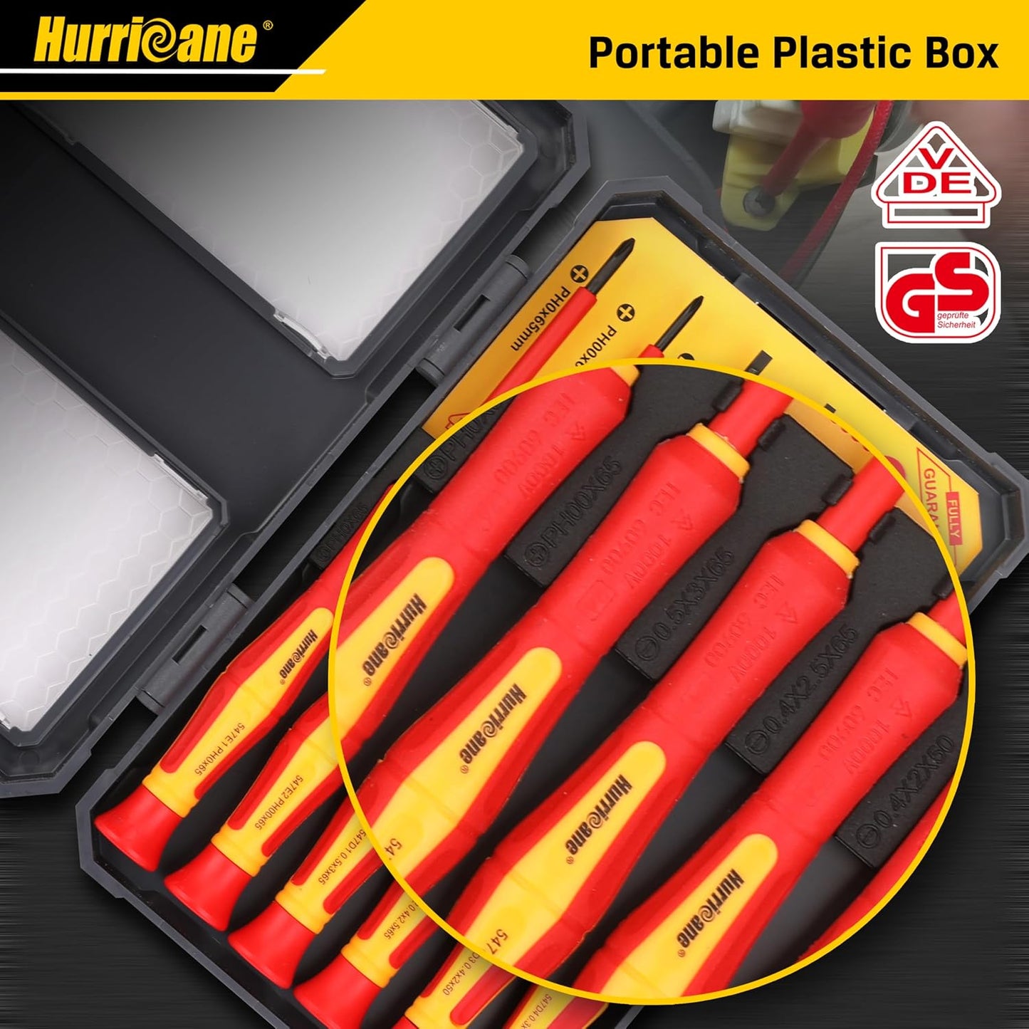 HURRICANE Premium 1000V Precision Insulated Screwdriver Set, 6 Piece S2 Steel Mini Electrician Screwdrivers with SL1.8/2.0/2.5/3.0mm & PH00/PH0, VDE Certified for DIY & Professional Electrical Repair