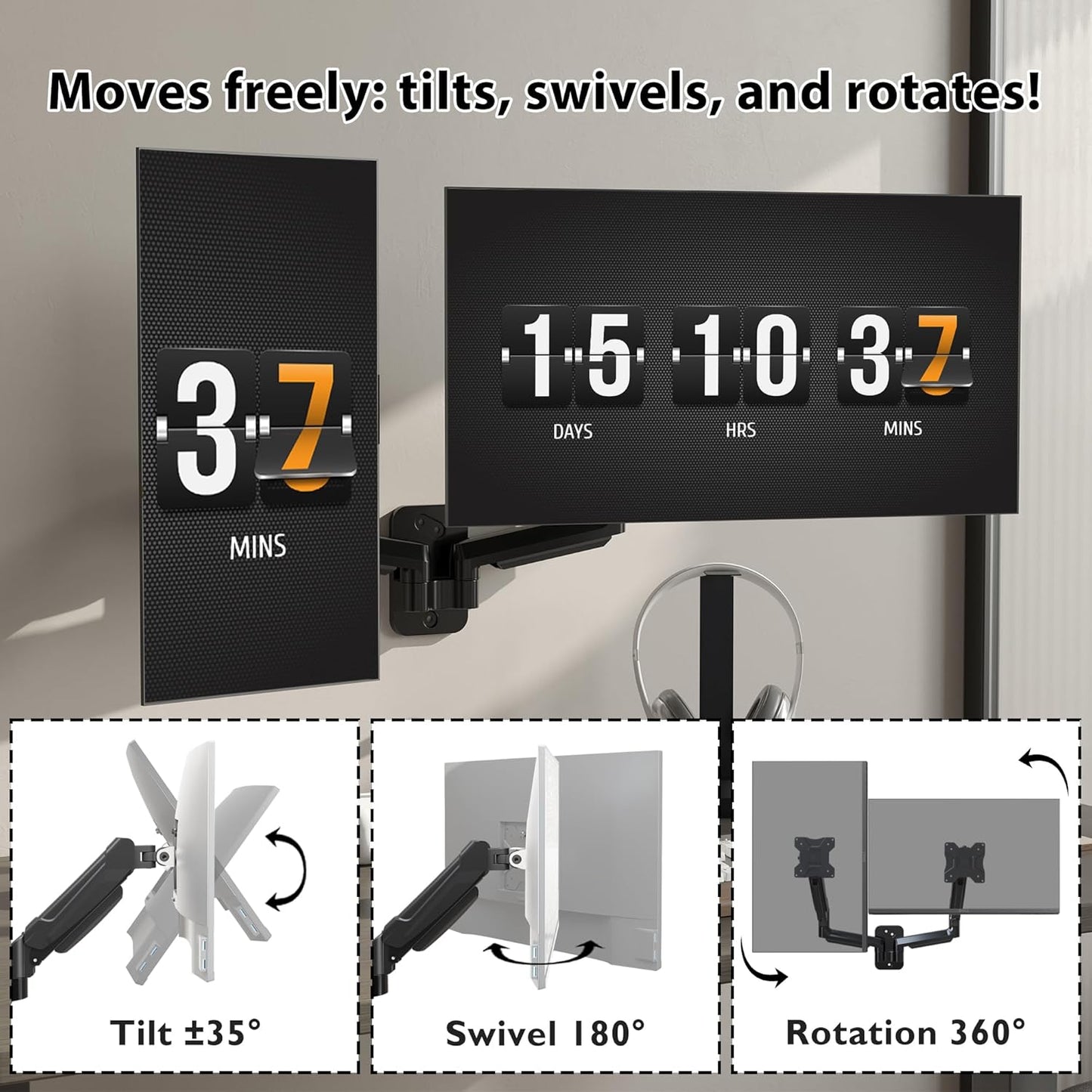 BONTEC Dual Monitor Wall Mount for 13-32 Inch Screens, VESA 75x75/100x100mm | Height Adjustable Gas Spring Arm with Tilt, Swivel & Rotate, Hold Up to 19.8 lbs, Fully Adjustable, Office & Home Use