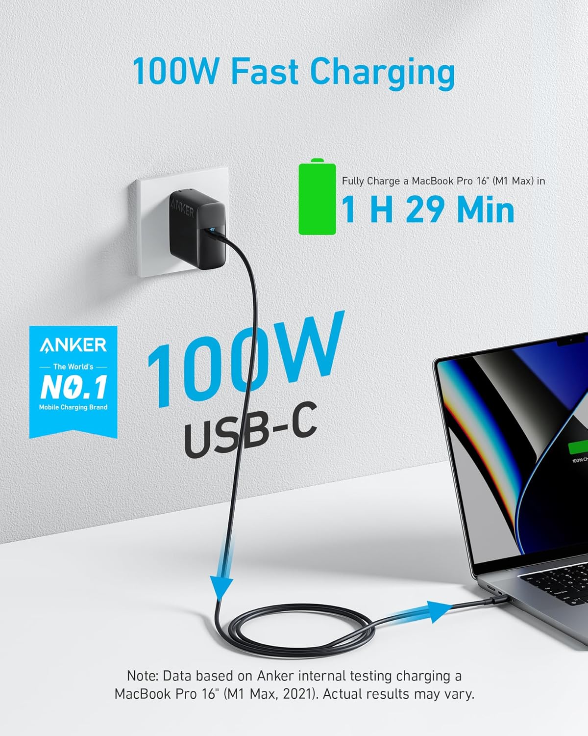 Anker Laptop Charger, Compact Foldable 100W USB C Charger with 5FT Cable | High-Speed for MacBook Pro/Air, Samsung Galaxy, iPhone 17/16, iPad Pro, and More