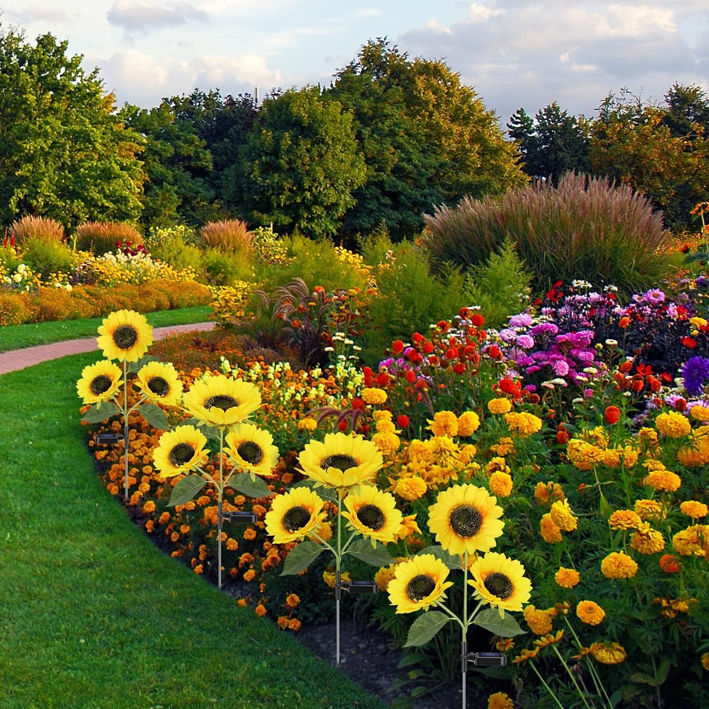 Solar Sunflower Lights Flowers Outdoor Waterproof for Yard Garden Cemetery | 800mA Real Looking Stake Flower Bed Pathway Patio Porch Fall Decors