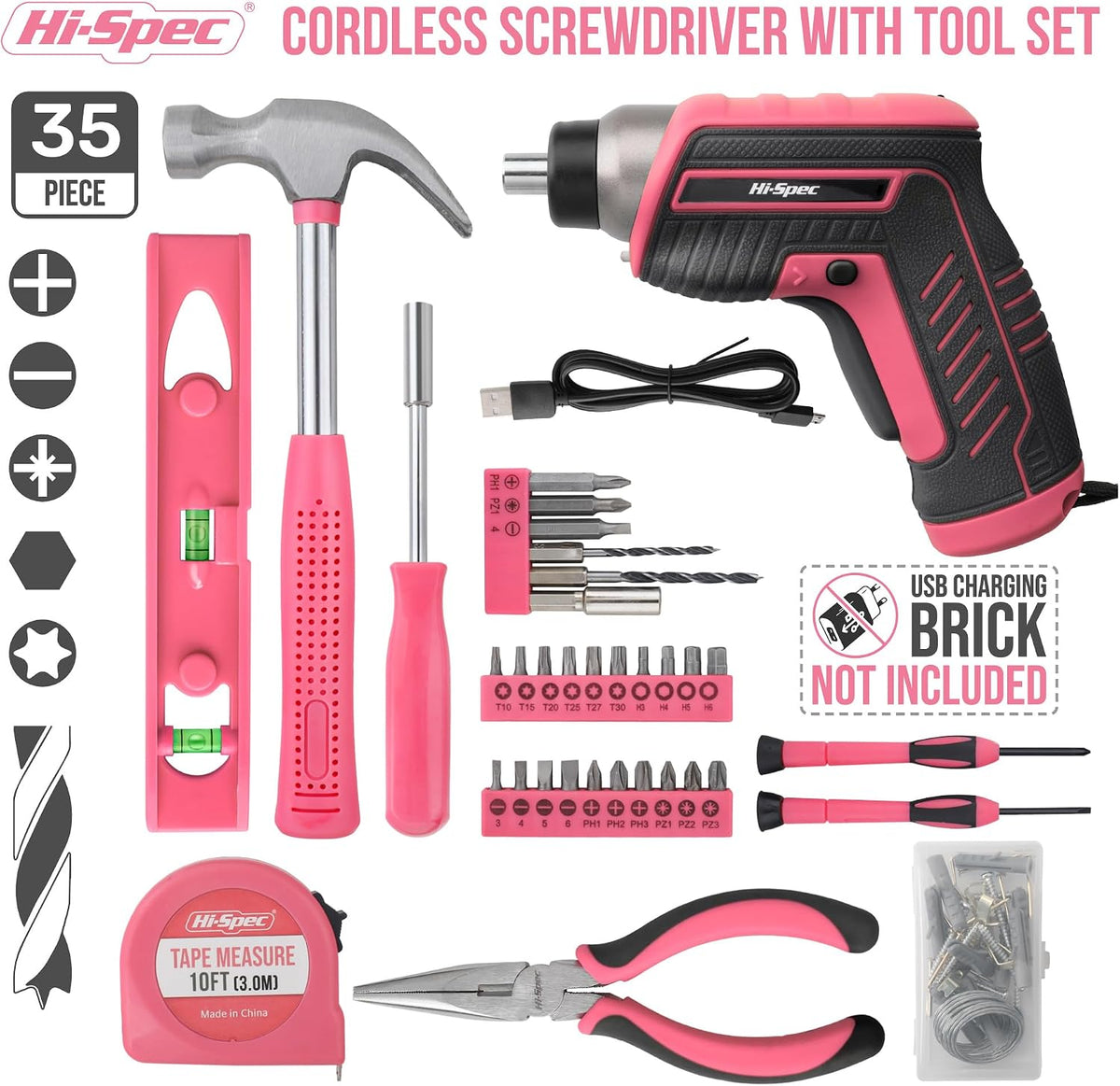 Hi-Spec 3.6V USB Electric Screwdriver for Home Repairs and Assembly, Pink | 35pc, fast assembly help, common screw bit selection, LED visibility, compact grip, quick household fixes, organized storage