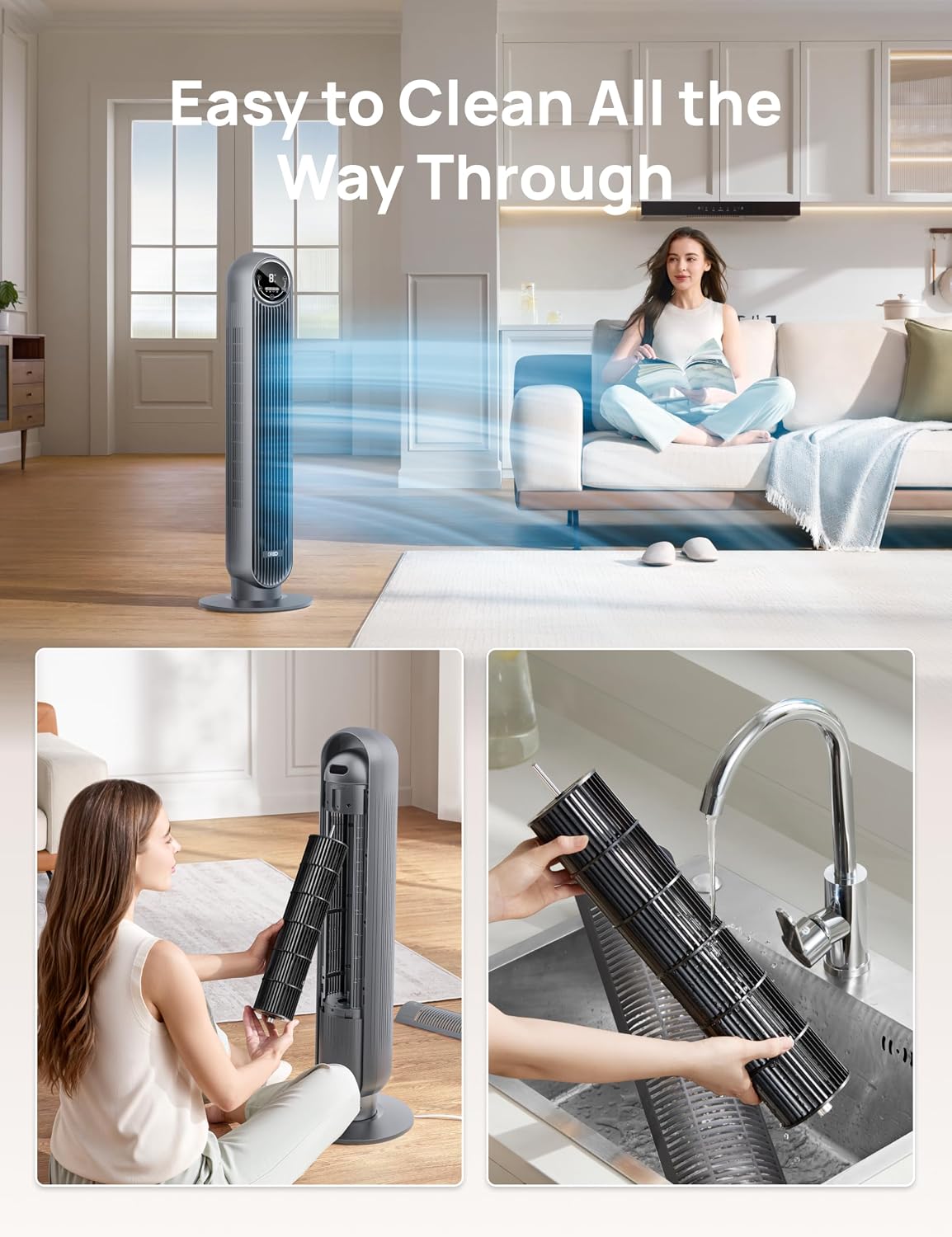 DREO Tower Fan for Bedroom, 25ft/s Velocity Quiet Floor Fan, 90° Oscillating Fans for Indoors with 4 Speeds, 4 Modes, 8H Timer, Bladeless Fan, Standing Fans, Grey, Tower Fan 307 (DR-HTF007)