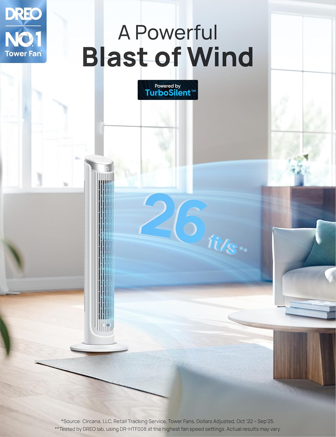 DREO Tower Fan for Bedroom, 90° Oscillating Fans that Blow Cold Air | 26 ft/s Powerful Airflow, 28dB Quiet Fan, 5 Speeds, 4 Cooling Modes, 12H Timer, 40" Standing Floor Fan for Home Office