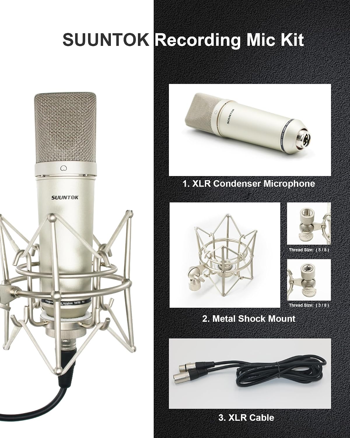 XLR Microphone, Professional Condenser Microphone with 34mm Large Diaphragm, Cardioid Studio Recording Mic Computer Gaming PC TM87KB Mic Kit for Singing, Podcasting, YouTube (Silver)