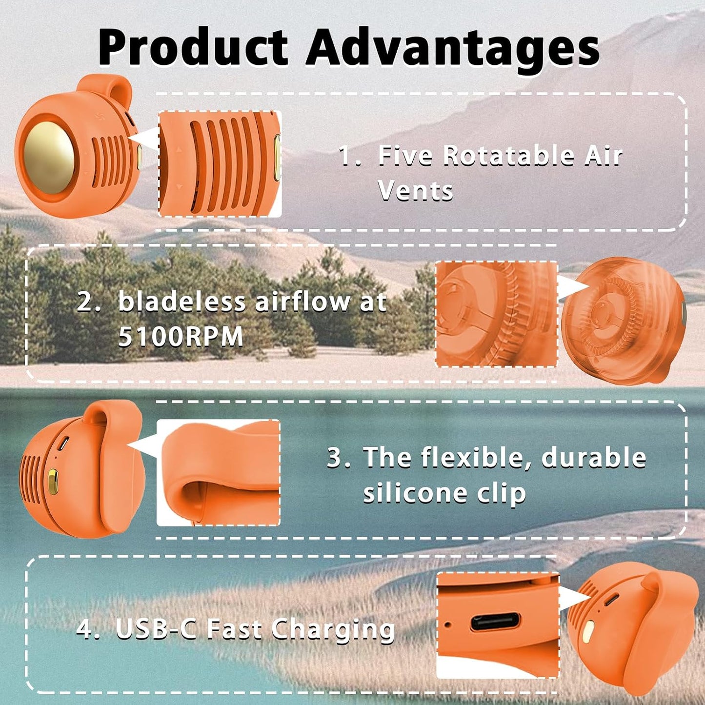 Portable Clip-On Fan, Mini USB Rechargeable 360° Rotatable Fan, Personal Fan 3-Speed Silent Mini Bladeless Fans (Orange)