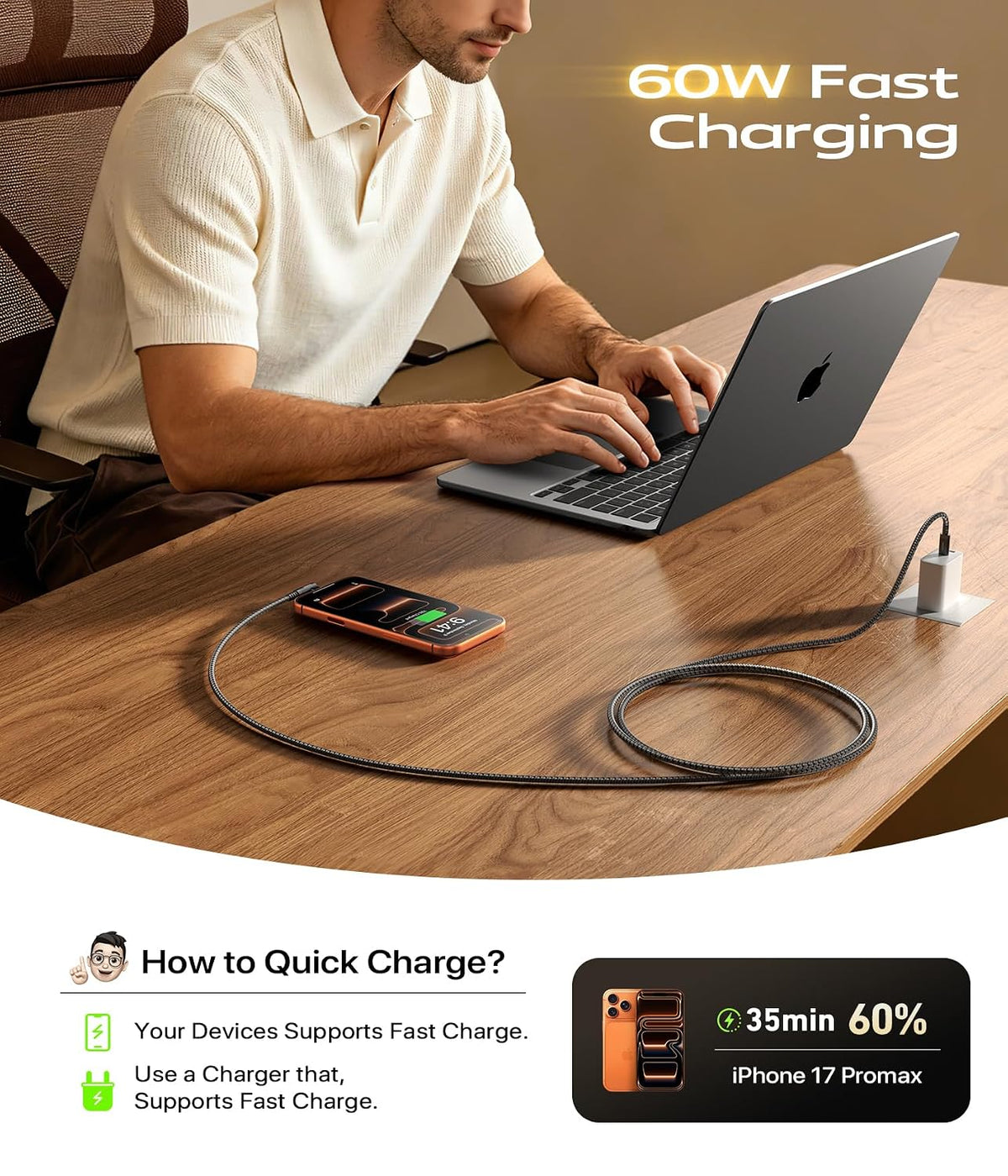 USB C to USB C Cable 90 Degree 60W USB C to C Fast Charging Cable 6ft
