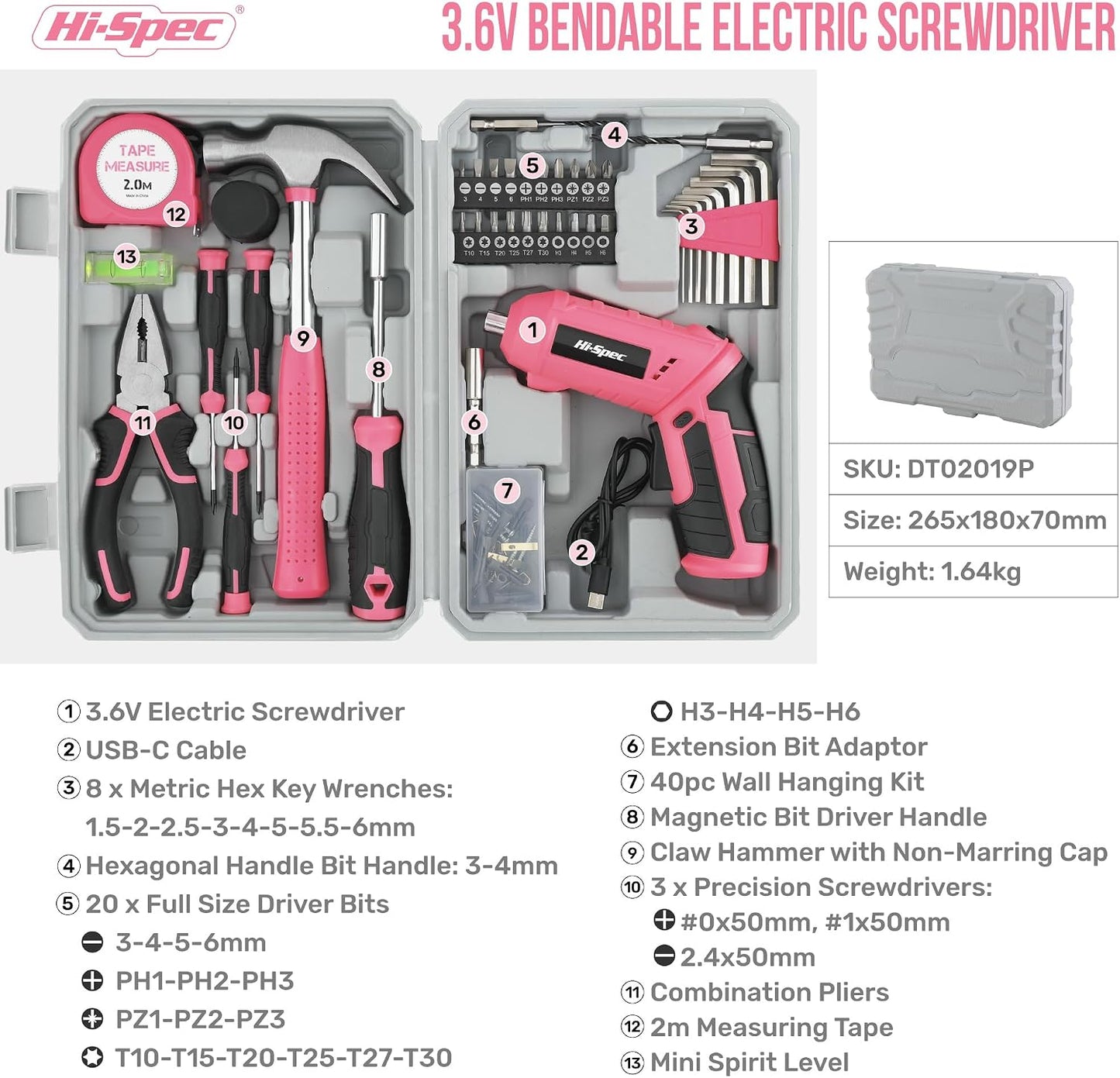 Hi-Spec 4V USB Electric Screwdriver Tool Kit for Home Repairs, Pink | 42pc, fast assembly help, common screw bit selection, LED visibility, compact grip, quick household fixes, organized storage