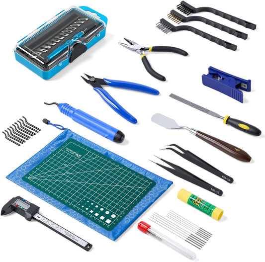 45 Pcs 3D Printer Tool Kit, Cleaning, Finishing, Measuring, Support Removal | Includes Deburring Tool, Digital Caliper, Carving knife, Wire Cutter, Cutting Mat, Brushes, Storage Bag, and more