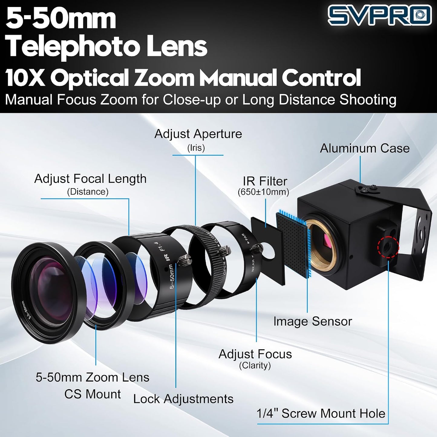 SVPRO 4K Streaming Webcam with 5-50mm Zoom Lens, USB & HDMI Dual Ouput,10X Optical Zoom Manual Focus Camera H.264 Computer Vision Industrial Security Camera for PC/Monitor/TV/Projector