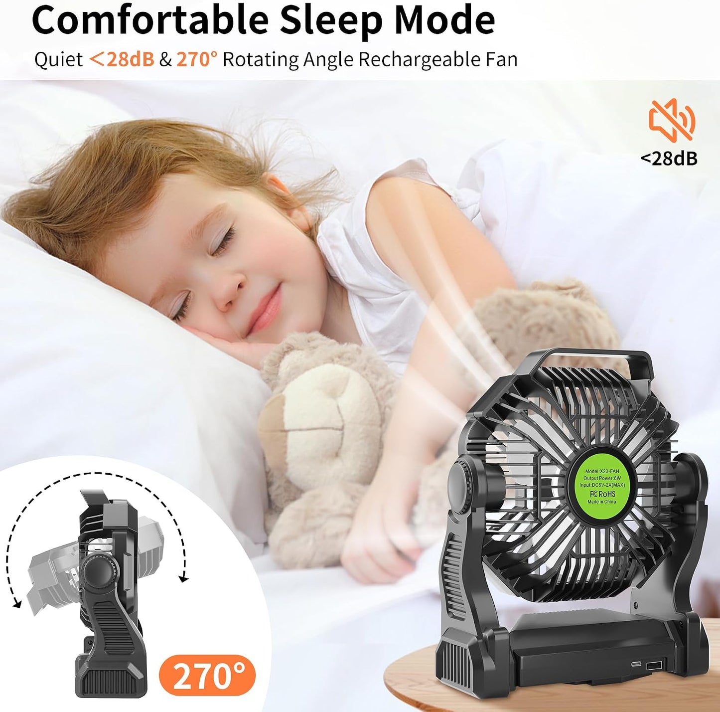 Rechargeable Portable Camping Fan for Tent with LED Light, 20000mAh USB Personal Battery Powered Fan Outdoor Camping Essentials Battery Operated Portable for Travel Beach Essentials X23 Black