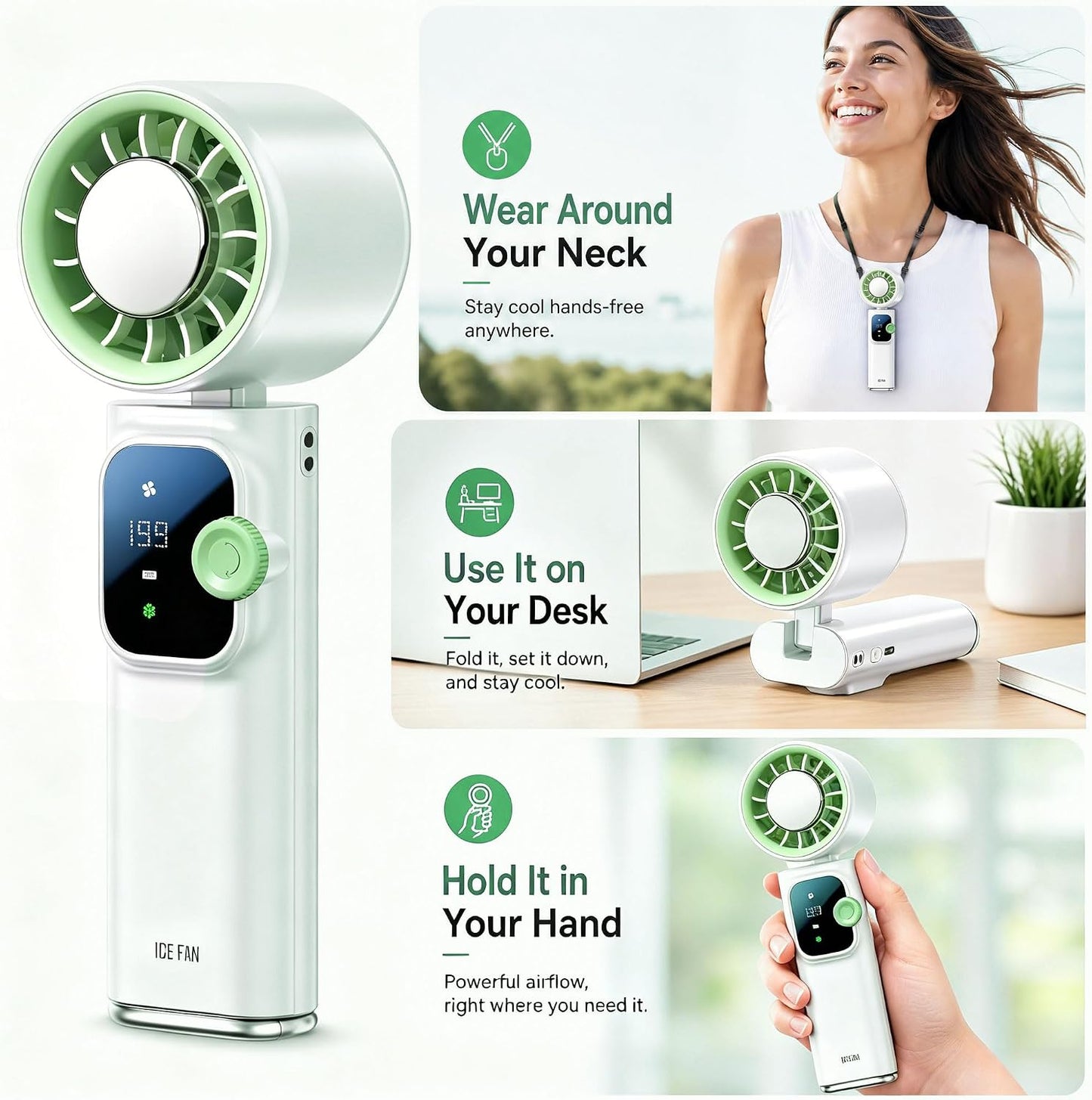 Portable Handheld Fan with Ice Cooling Personal Rechargeable Mini Neck Fan | 20000RPM,199-Speed 4000mAh Battery Powered up to 15hrs with LED Display for Travel, Camping & Outdoor, White