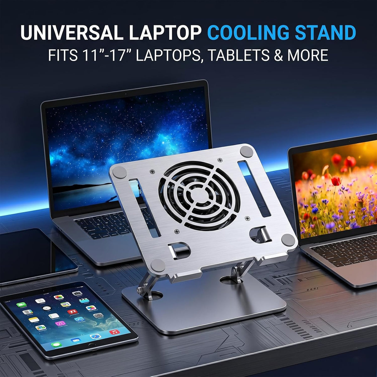 Laptop Cooling Stand with 12cm Turbo Fan, Ergonomic Dual-Axis Laptop Riser with 30cm Height Adjustment & 180° Rotation, 20KG Bearing Desk Stand for 11"-17" Laptops, Tablets, Gaming & Work (Silver)