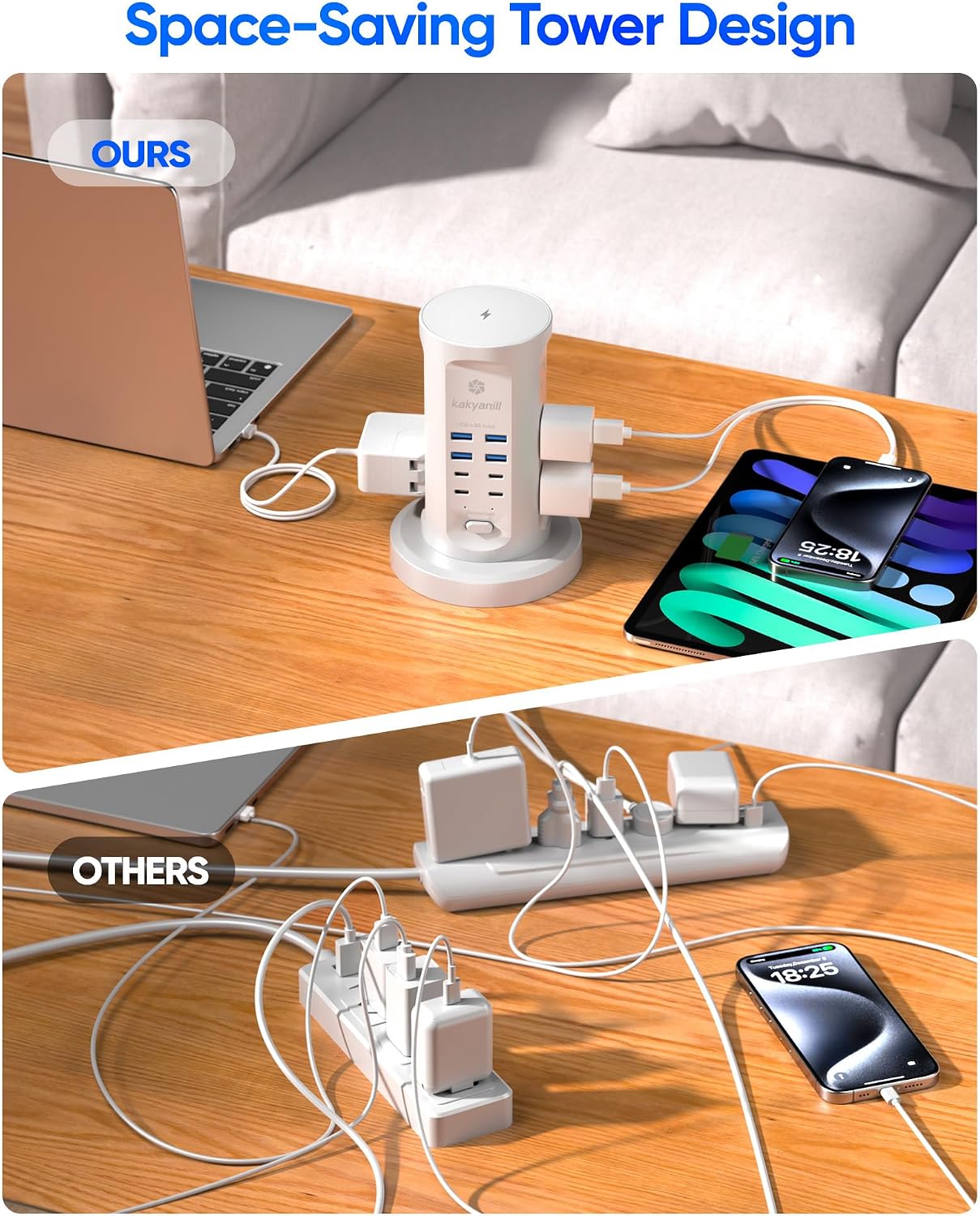 Power Strip Tower, kakyanill Charging Station 9 AC Outlets 8 USB Ports | 6 Ft Retractable Extension Cord, 15W Wireless Charger, White