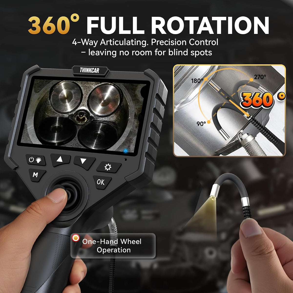 THINKCAR 4 Way Articulating Borescope with Light - 5" HD Industrial Endoscope Camera with 6 Adjustable LED Lights,5-FT Flexible Articulated Probe for Automotive Engine Mechanics