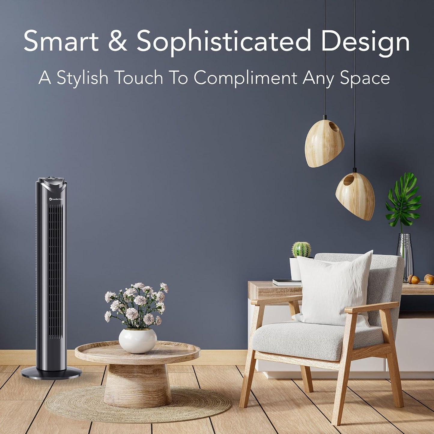 Comfort Zone 32-Inch Oscillating Tower Fan – Ultra-Slim Bladeless Design with 3 Speeds, 90° Wide Oscillation & Built-in Carry Handle – Quiet Portable Standing Fan for Bedroom, Home, or Office, Black