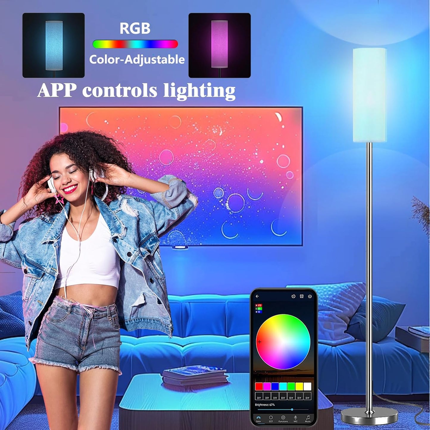 Qaubauyt Smart LED Floor Lamp with APP Control & RGB Colors - Dimmable Standing Lamp for Living Room, Bedroom, Gaming - Remote, Timer, 9W Bulb Included, 67" Modern Tall Lamp (Silver Beige)