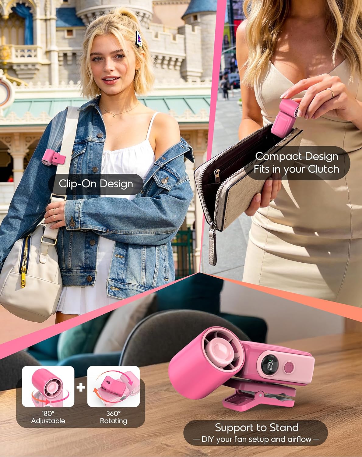 Clip-On Portable Mini Fan, Personal Turbo Travel Makeup Fan w/ LED Display | 360°Rotate Clip, Turbo 13500RPM, 4 Speeds, USB-C Rechargeable, for Travel Makeup Cruise Concert, Summer Gifts for Women Girl