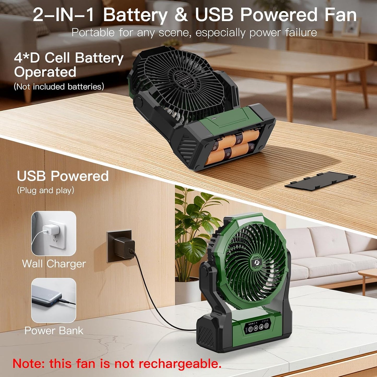 Battery Operated Fan, 2-in-1 D-Cell Battery & USB Powered Portable Fan with 4 Speeds, 3 Timers & 2 Light Modes, Super Long Lasting Camping Fan for Outdoor Tent Travel Picnic Office Bedroom - Green