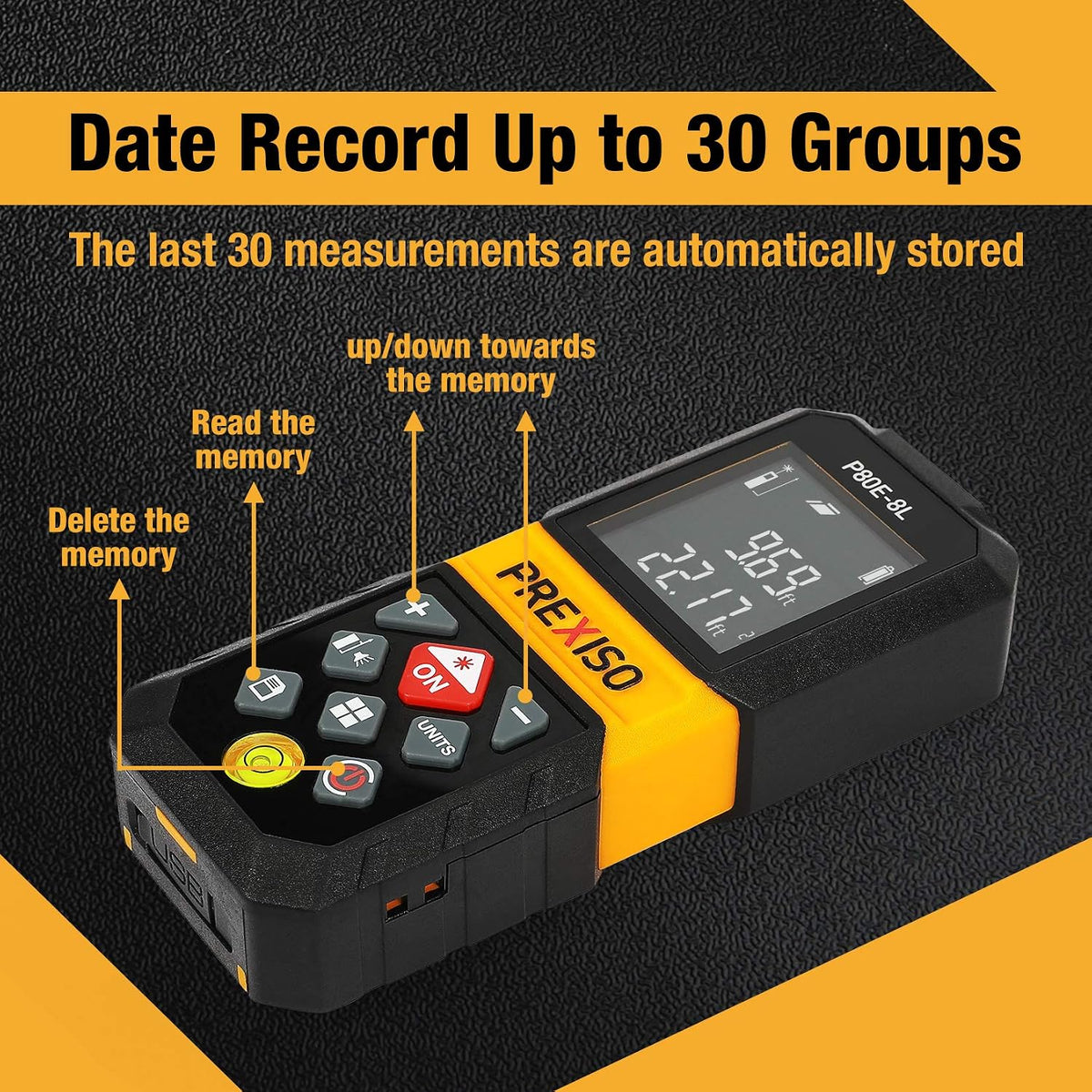 PREXISO Laser Measure Tool, 265Ft Rechargeable Laser Tape Measure (M/in/Ft) | Backlit LCD with 4 Line Display, Pythagorean/Distance/Area/Volume Modes, Mute Mode & 30 Records Memory, 3 Reference Points