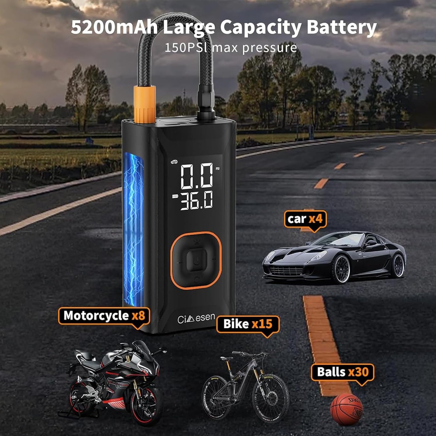 Tire Inflator, Portable Bike Pump 150 PSI with Pressure Gauge | Cordless Air Pump, Portable Air Compressor, Auto Shut Off, Car Tires, Bike Tires, Motorcycle, E-Bike, Sports Balls