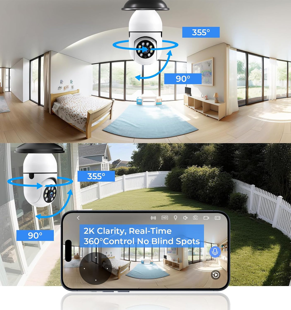 Light Bulb Security Camera Outdoor, 2K 5GHz & 2.4GHz WiFi Bulb Cameras for Home Security, 360° PTZ Wireless Cam with AI Human Detection, Color Night Vision, 2-Way Talk, Screw-in Light Socket