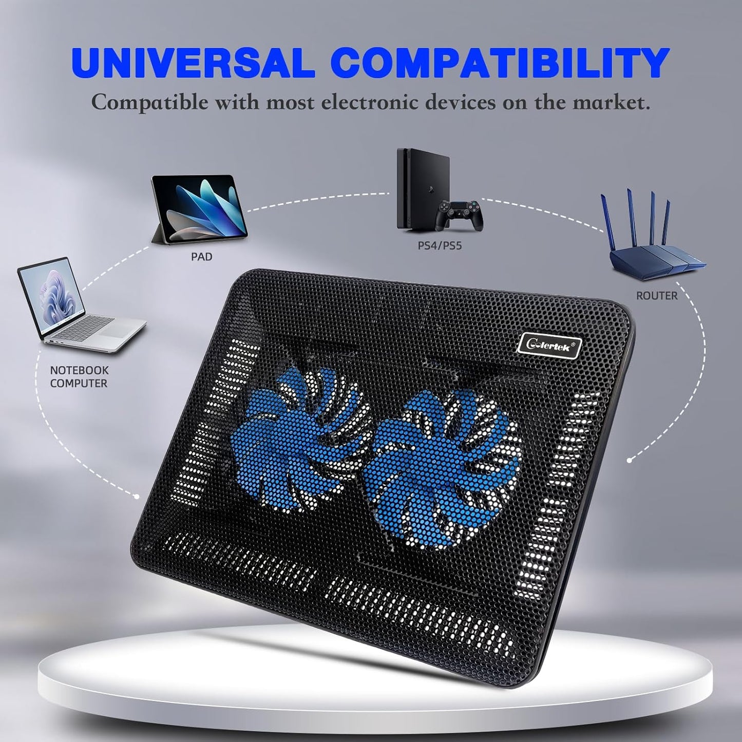 Laptop Cooling Pad, Coolertek Portable Slim Quiet Laptop Notebook Cooler Cooling Pad Stand with 2 Blue LED Fans, USB Powered, Adjustable Angled, Fits 11-14 Inch Laptop