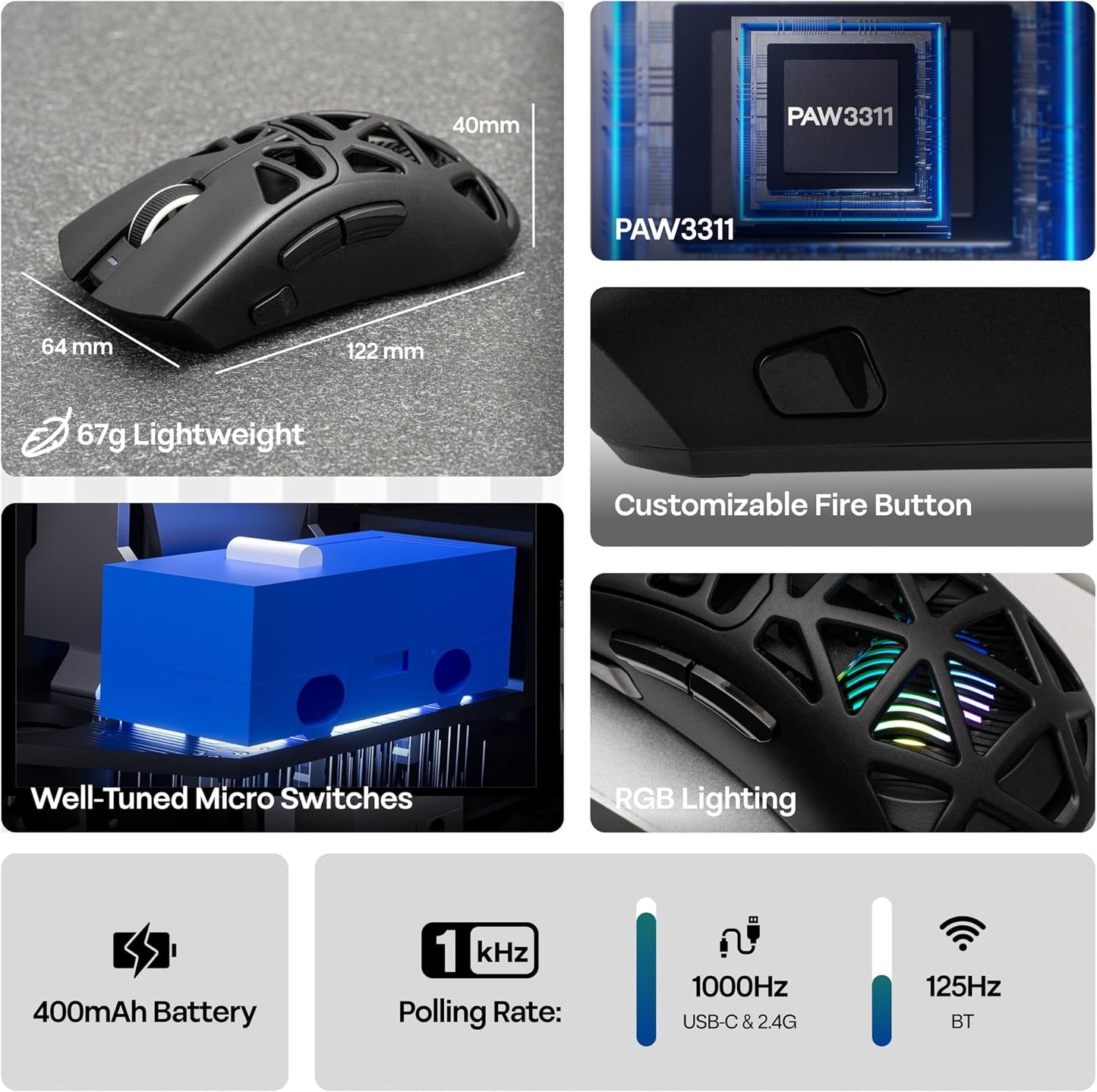 MechLands Aula SC620 Gaming Mouse, 2.4G/USB-C/BT Wireless Mouse with 400mAh Battery, Adjustable 12,000 DPI & 1000 Polling Rate, PAW3311 Sensor, RGB Lighting, Programmable Buttons, for Win/Mac (Black)