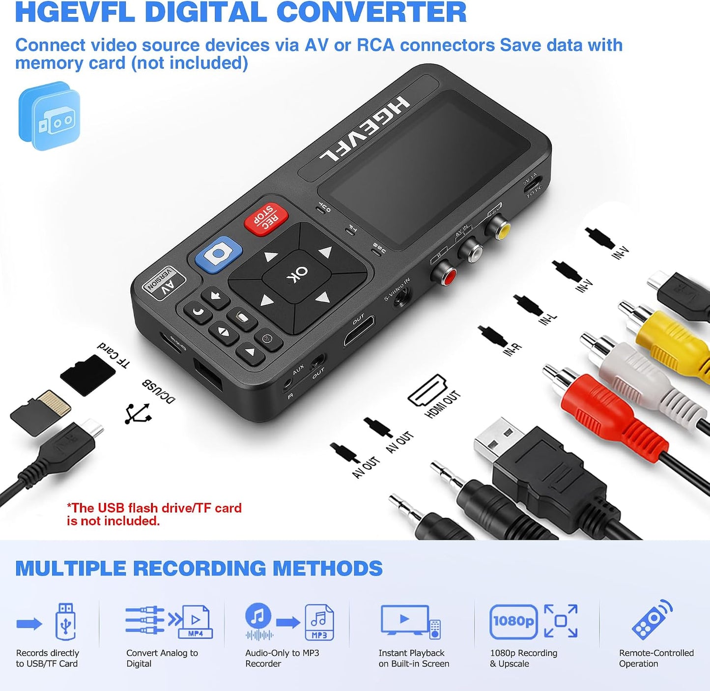 VHS to Digital Converter with 3" Display, AV & HDMI Video Capture Device, VCR to Digital Recorder for VHS Tapes, Hi8, Mini DV, DVD, Camcorders, Gaming, TV Box – USB/TF Storage-Black