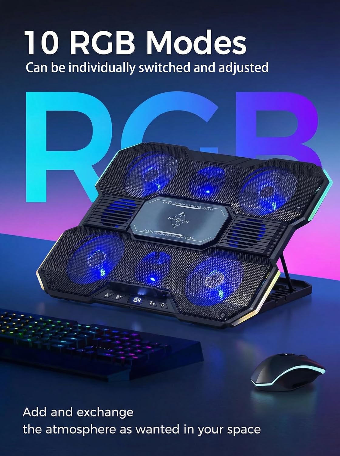 Laptop Cooling Pad with 8-Fan &Thermoelectric Cooler for 15.6-21In Laptops | 5-Speed Independent Control, 10 RGB Lights, 7-Height Adjustable Metal Panel Laptop Cooler