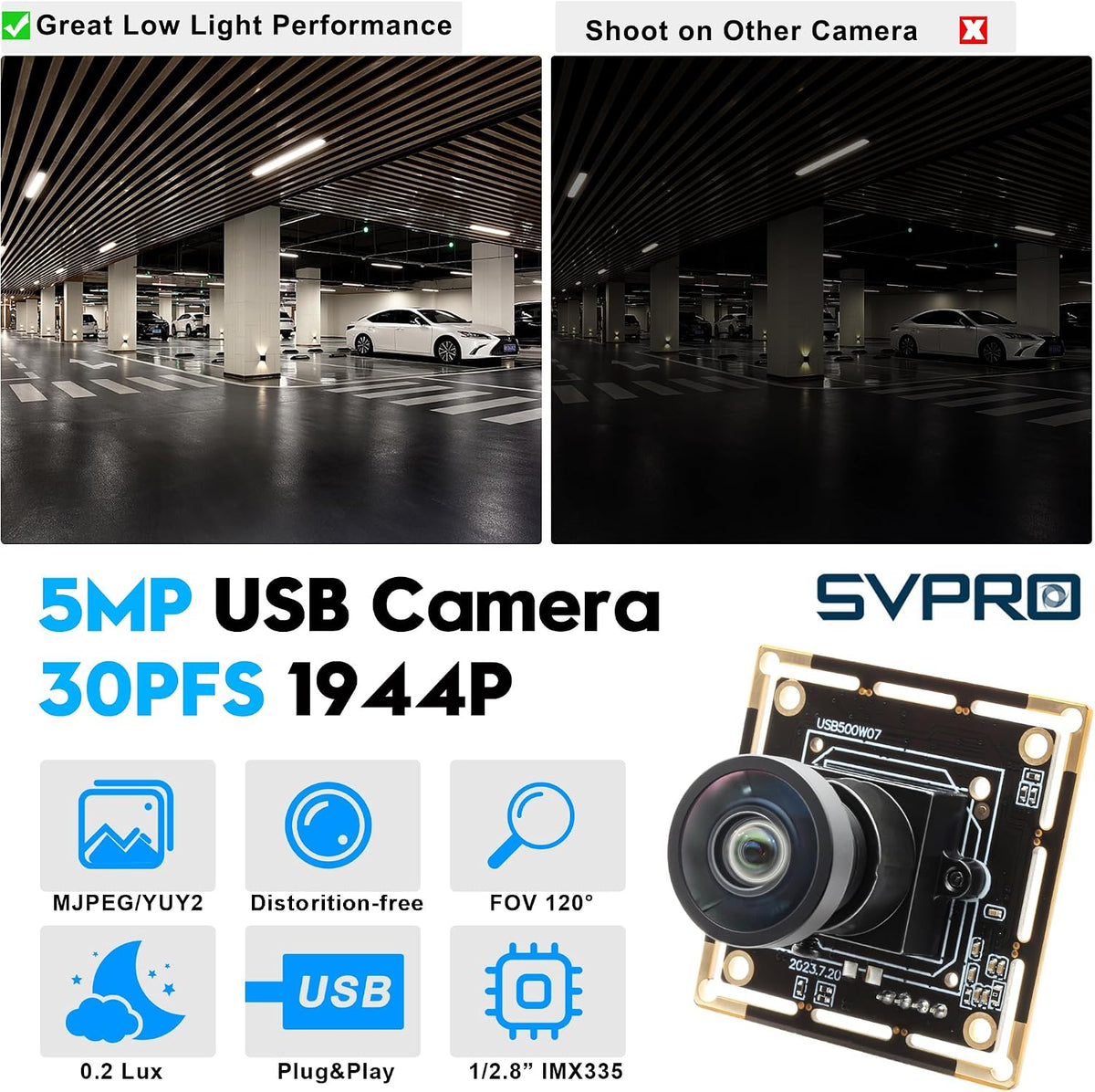 SVPRO 5MP 30FPS USB Camera Module with M12 Lens 120 Degree Wide Angle Webcam Board IMX335 Low Light Computer Vision Industrial Camera for PC,Raspberry Pi, Jeston Nano