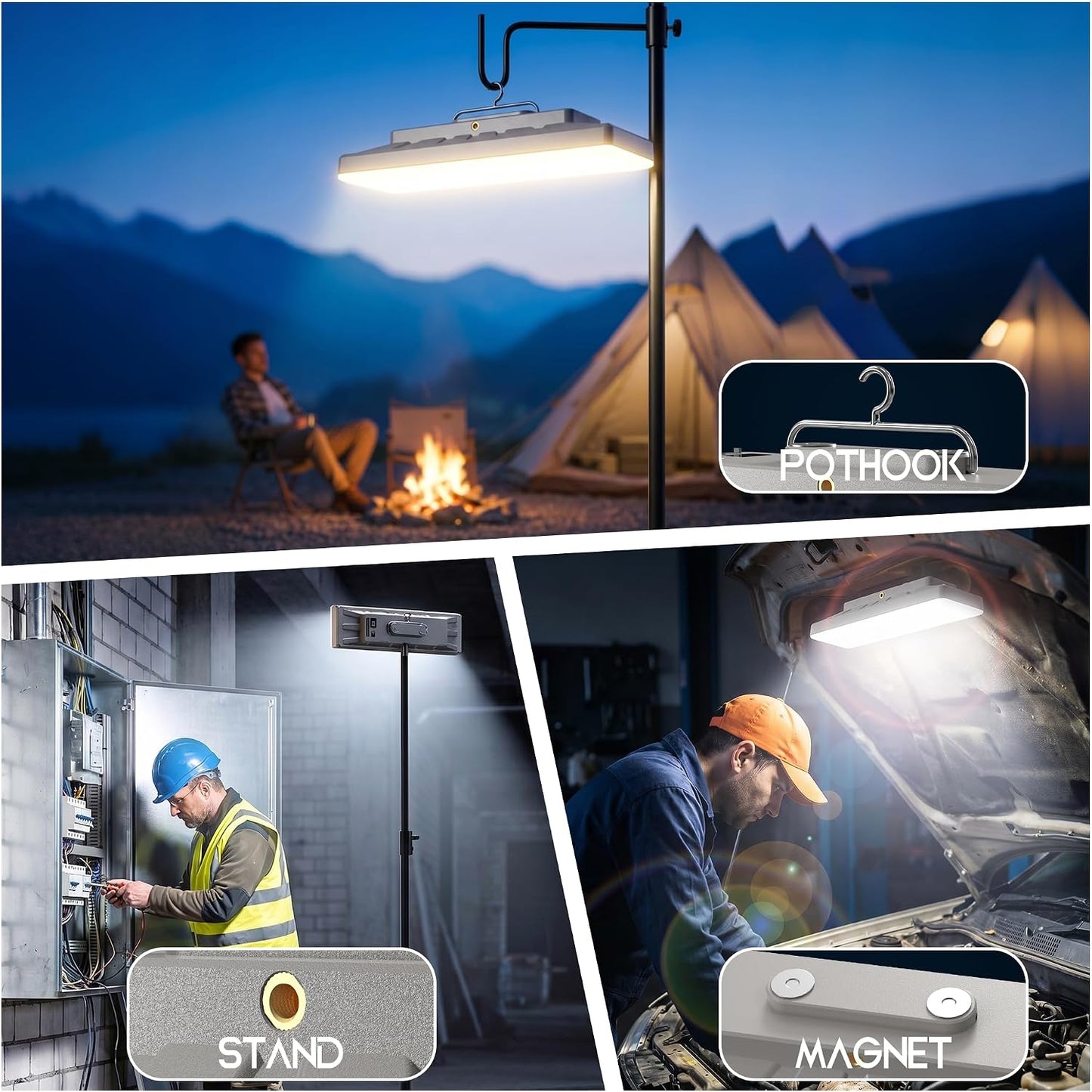 Portable Rechargeable LED Work Light with Tripod Stand, 10000mAh Battery Powered Dimmable Cordless Megnetic Camping Lamps for Sports/Car /Emergency/Garage/Fish