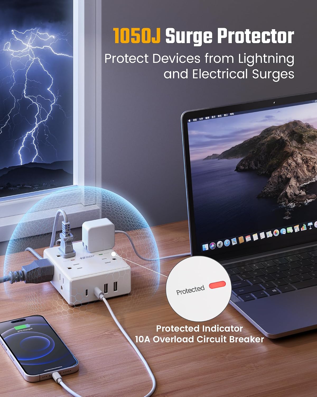 SUPERDANNY Extension Cord,Flat Plug Surge Protector Power Strip,10Ft | 8 AC & 4 USB Ports (2 USB C),Surge Protector with 1050J,Desk Charging Station for Home Office,College Dorm Room Essentials