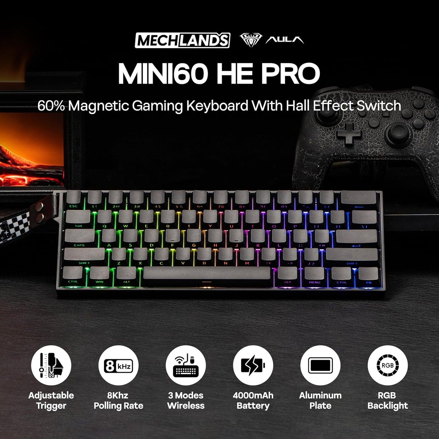 MechLands Aula Mini60 HE PRO Wireless Hall Effect Gaming Keyboard, 4000mAh | Magnetic Keyboard with 8K Polling, Fast Trigger, SOCD & DKS, Adjustable Actuation, RGB Backlit, Sound Dampening (Black)
