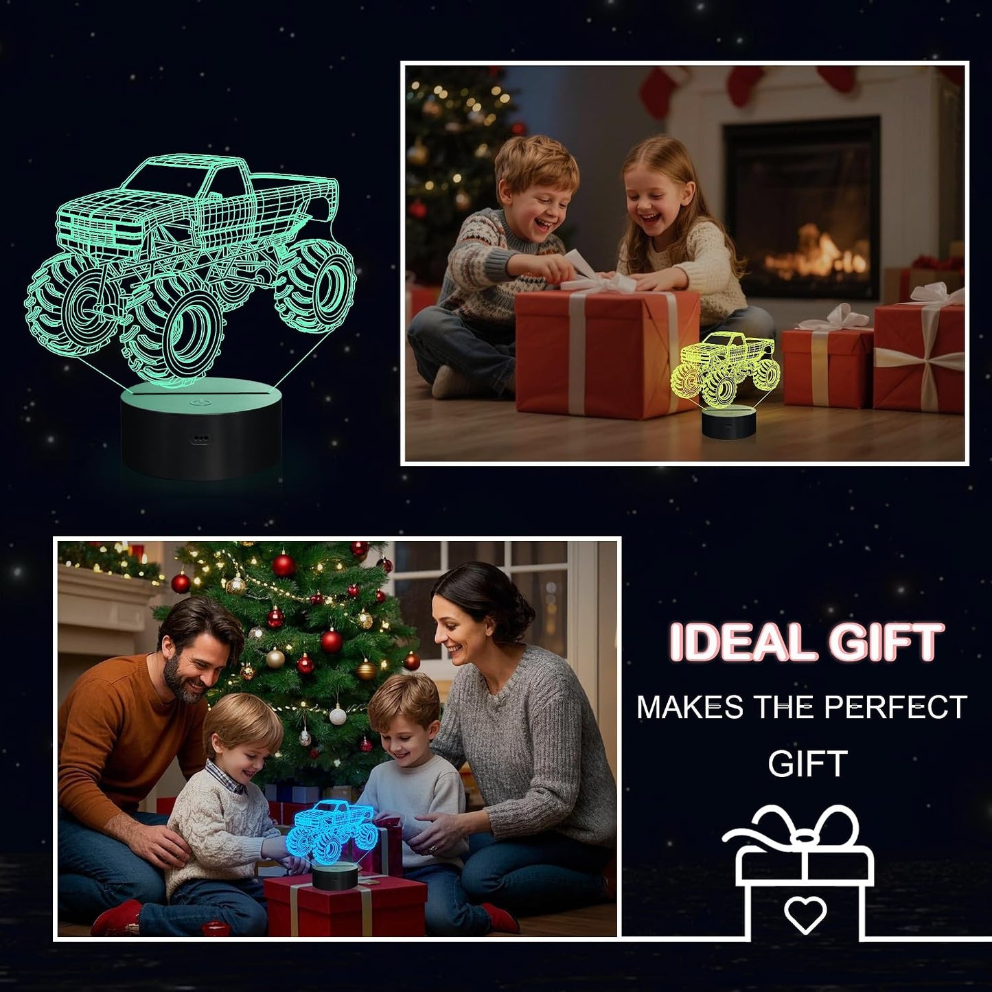 3D Night Lights for Children, Kids Night Lamp, Monster Trucks for Boys, 16 LED Colors Changing Lighting, Car Shape Acrylic Lighting Table Desk Bedroom Decoration, Ideas Birthday Xmas