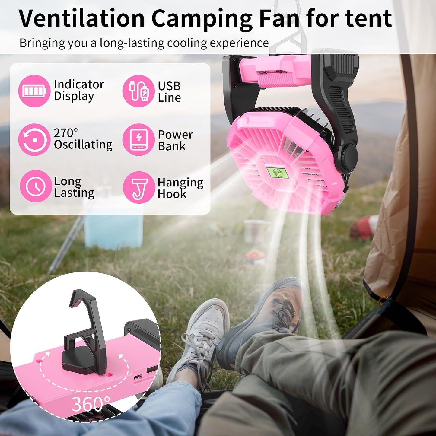 Portable Fan Rechargeable Camping Tent Fan Rechargeable Essentials | 20000mAh Cordless Battery Powered Operated Fan Camping Fan with Light, USB Rechargeable Desk Fan Portable for Travel X23 Pink