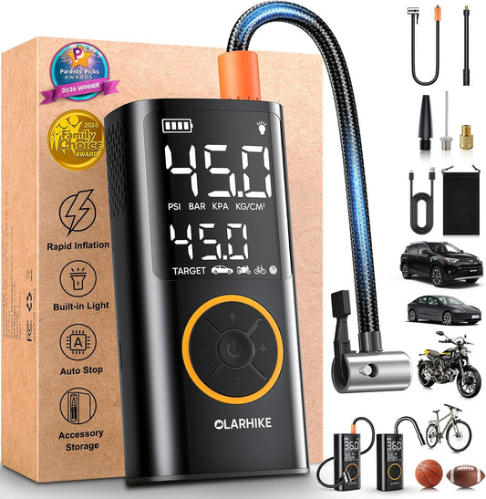 OlarHike Tire Inflator Portable Air Compressor,Cordless Electric Bike Pump | Smart Dual Hose System,Auto Stop Air Pump for Car Tires,Bicycles,Motorcycles with LED Light & Digital Pressure Gauge