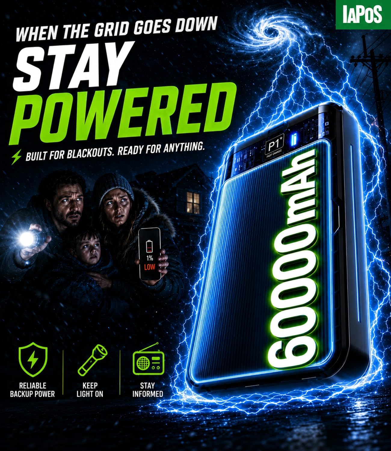 IAPOS Portable Charger 60000mAh, 5-Device Charging Power Bank Battery Pack | 22.5W PD Fast Charge, 3-in-1 Cable(USB-C/iOS/Micro-USB), High-Capacity, LED Display, for iPhone/iPad/Android, Camping/Outdoor