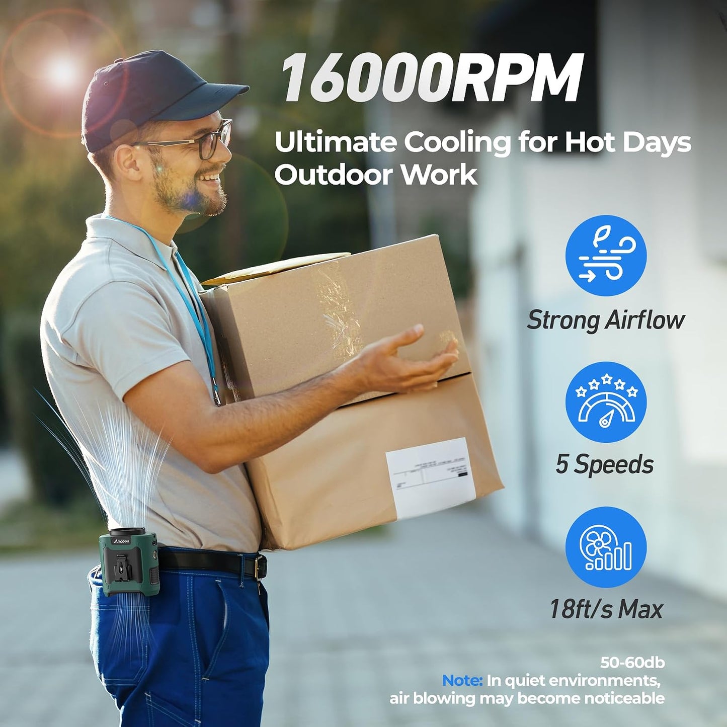 AMACOOL Portable Waist Fan Clip On, 10000mAh Wearable Shirt Fan with Light | MAX 40H Work Time, 16000RPM Powerful 5 Speeds Belt Fans Personal Cooling Fans, Gifts for Men Women Outdoor Jobsite Travel