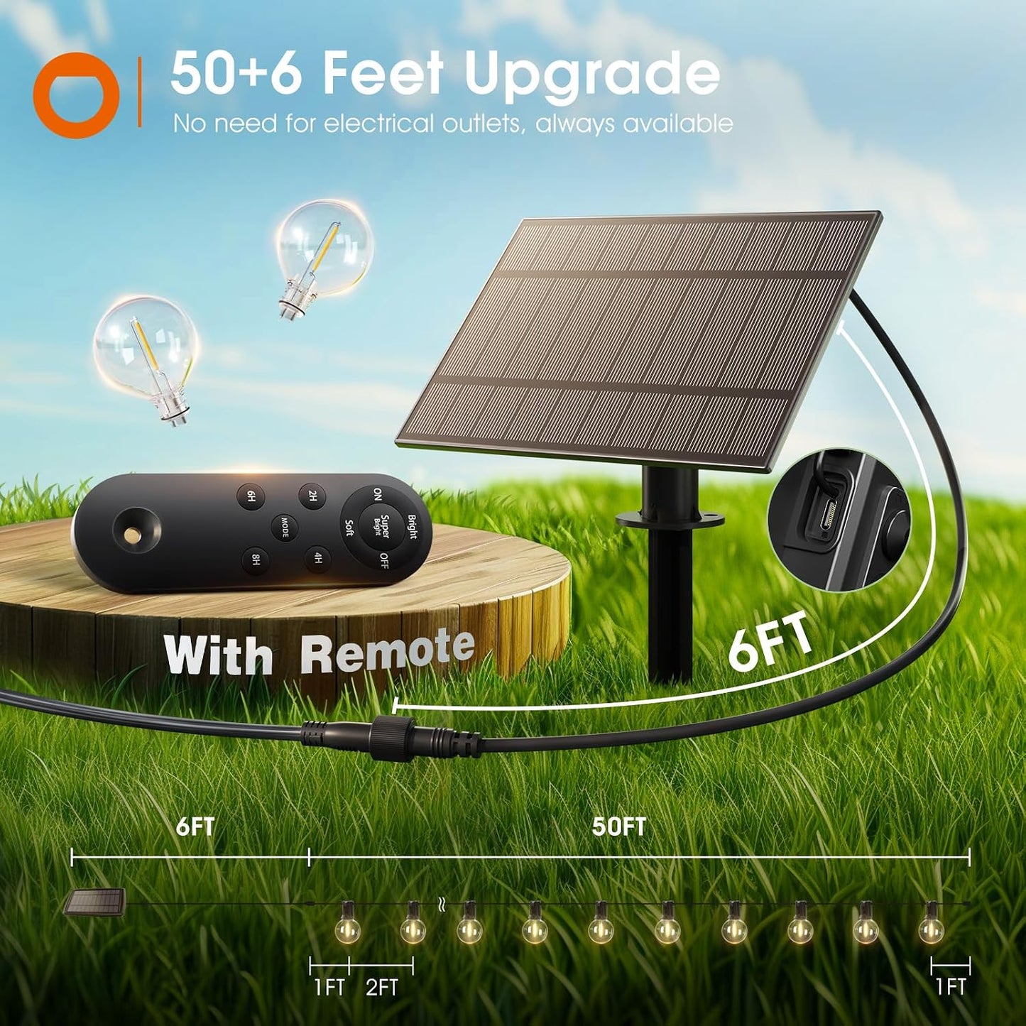 addlon 56FT(50+6) Solar String Lights Outdoor with Remote, 27 LED G40 Bulbs | Solar Powered & USB Charging Patio Lights, Dimmable Waterproof Solar String Lights for Outside, Camping, Backyard