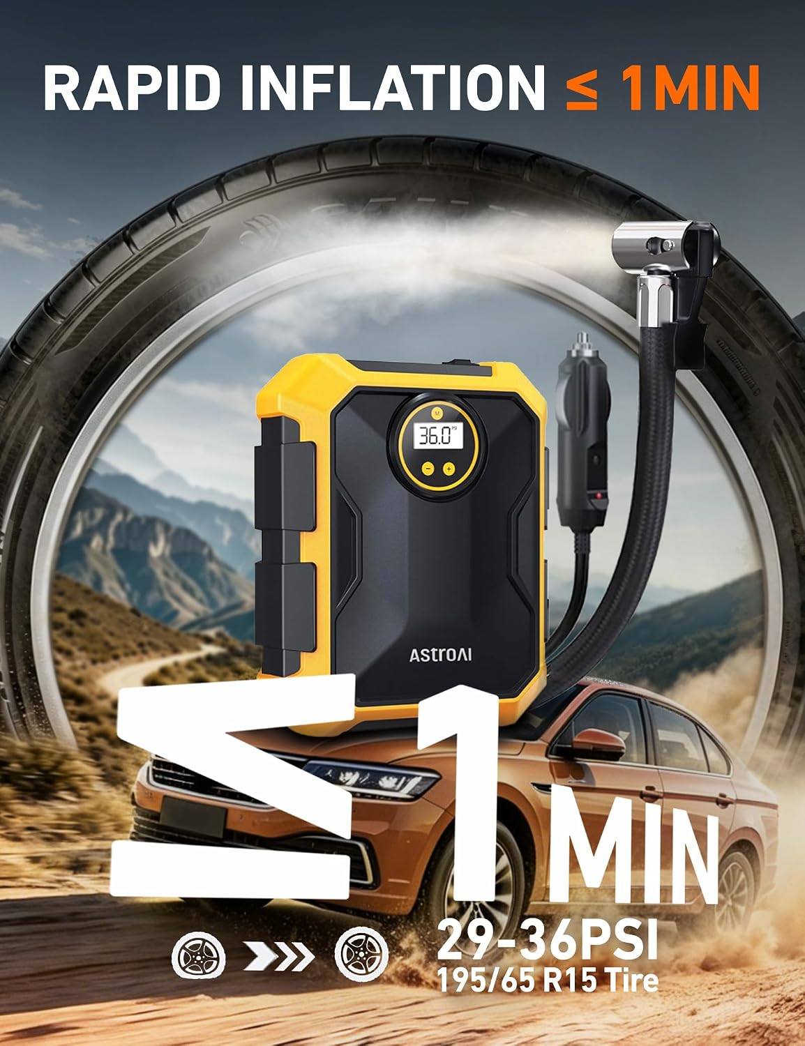 AstroAI Tire Inflator Portable Air Compressor 12V DC Integrated Storage | 9.8Ft Cord Digital Gauge Auto ShutOff LED Light Fast Inflation Air Pump for Car Tires Bike Ball Motorcycle Inflatables Yellow