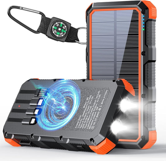 Solar Charger Power Bank 20000mAh Wireless Charger QC 3.0 Fast Charging Power Bank 8 Outputs 4 Inputs Solar Portable Charger Compatible with All Mobile Devices,SOS/Strobe/Strong Flashlights (orange)