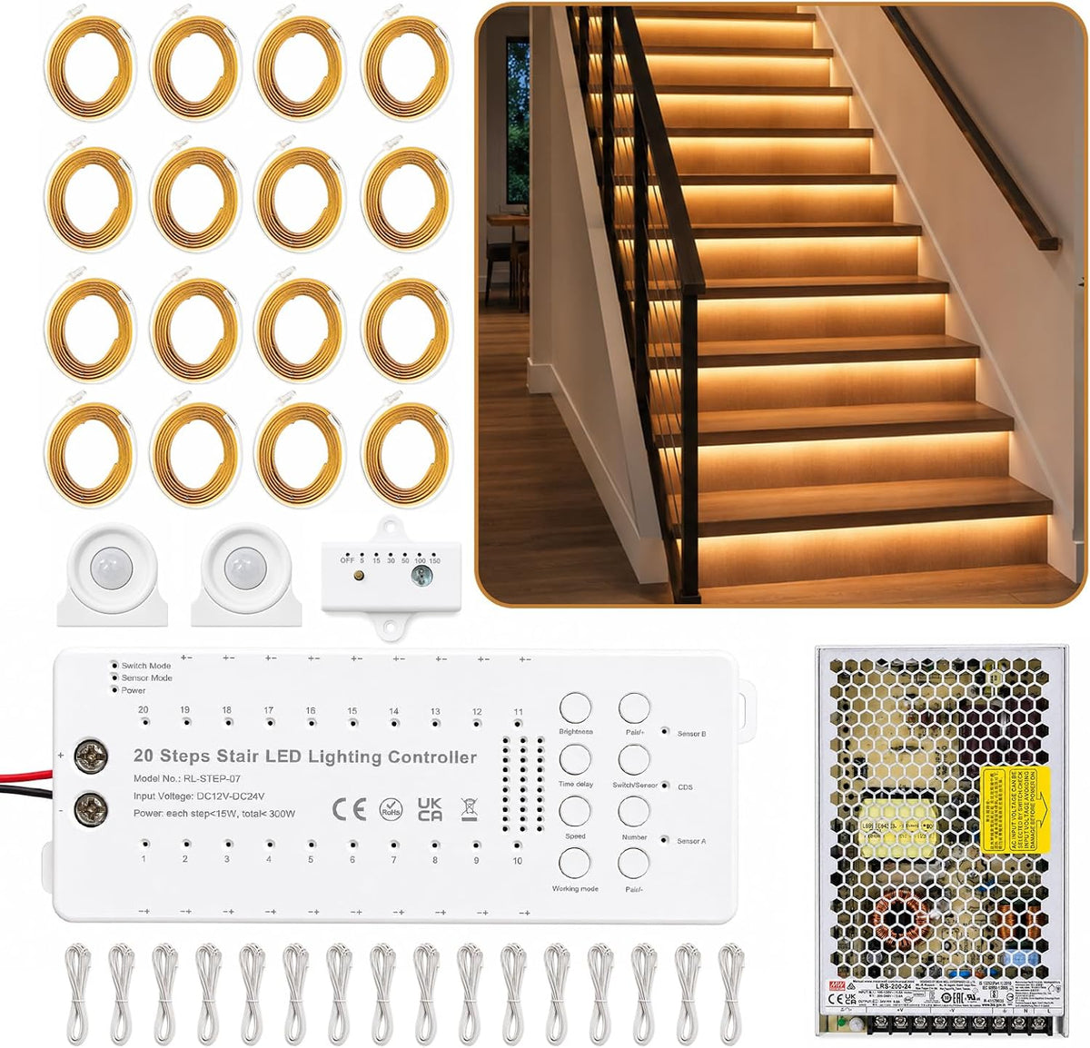 Stair Lights Indoor Motion Sensor Smart Interior Led Step Lights16 Stairs 40 Inch Length Cuttable Led Light Strip for Staircase Scene (Cool White 6000K, 20 Stairs)