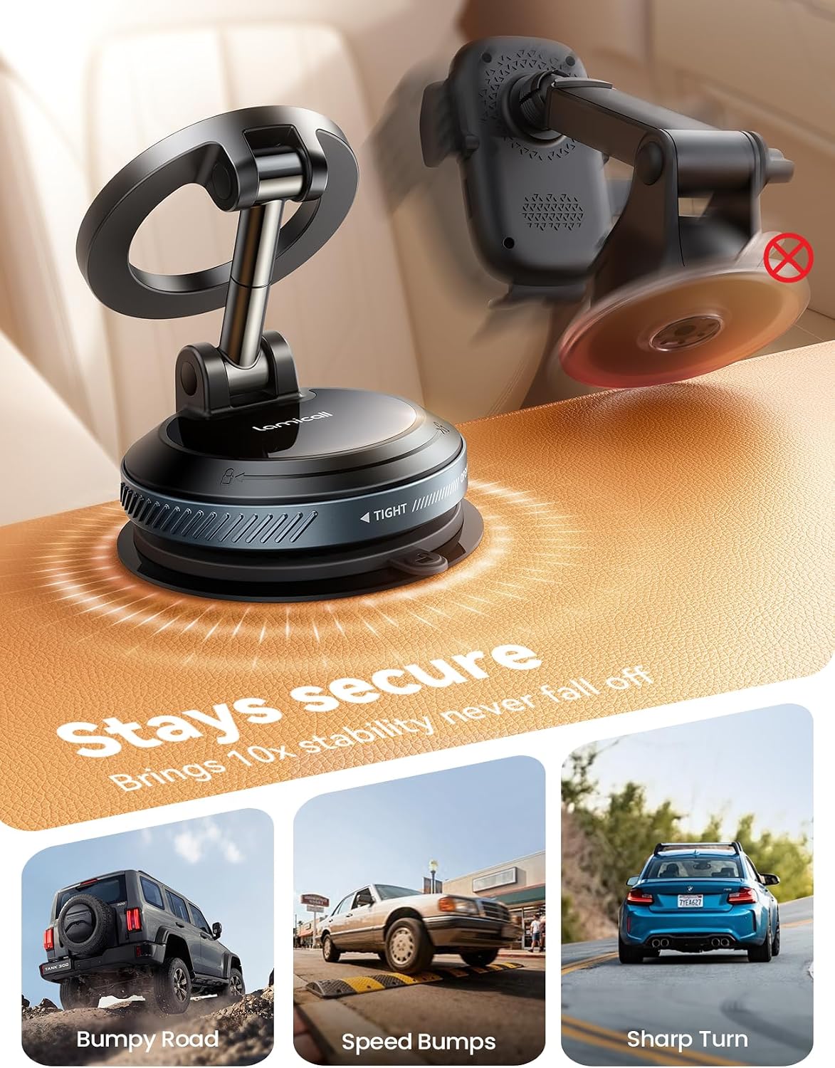 Lamicall Car Phone Holder for Magsafe Dashboard Windshield Nano Gel Vacuum | 20X Magnetic Phone Holders for Your Car 360° Suction Cup Phone Mount for iPhone 17 16 15 14 13 12 Pro Max Gift Truck Black