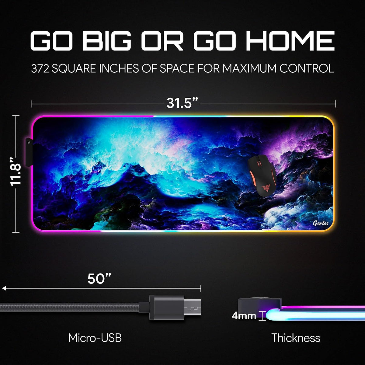 RGB Gaming Mouse Pad, Large LED Desk Mat, 31.5 x 11.8 Inch | 12 light modes, non-slip base, water-resistant surface, stitched edges